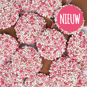 Geboorte chocolade flikken met roze muisjes - Geboortesnoepjes.nl