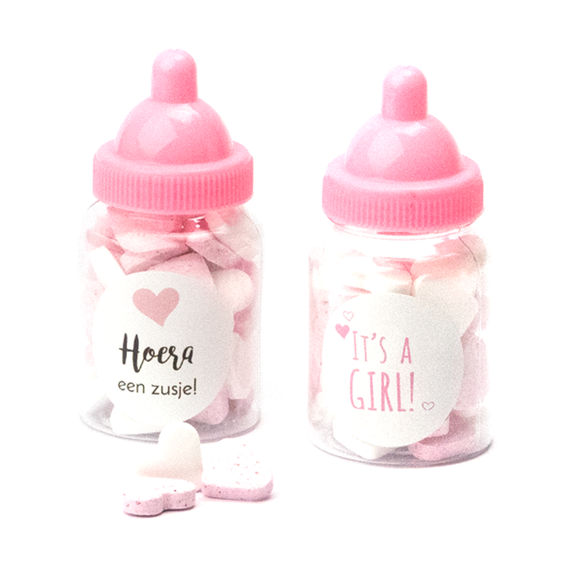 Babyflesje met roze/witte dextrose hartjes - Geboortesnoepjes.nl