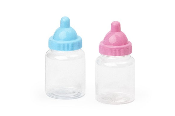 Plastic babyflesje leeg met blauwe/roze dop voor traktatie - Geboortesnoepjes.nl